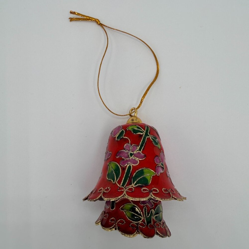 Cloisonné Double Bell Ornament - Red Floral Enamel & Gold Trim